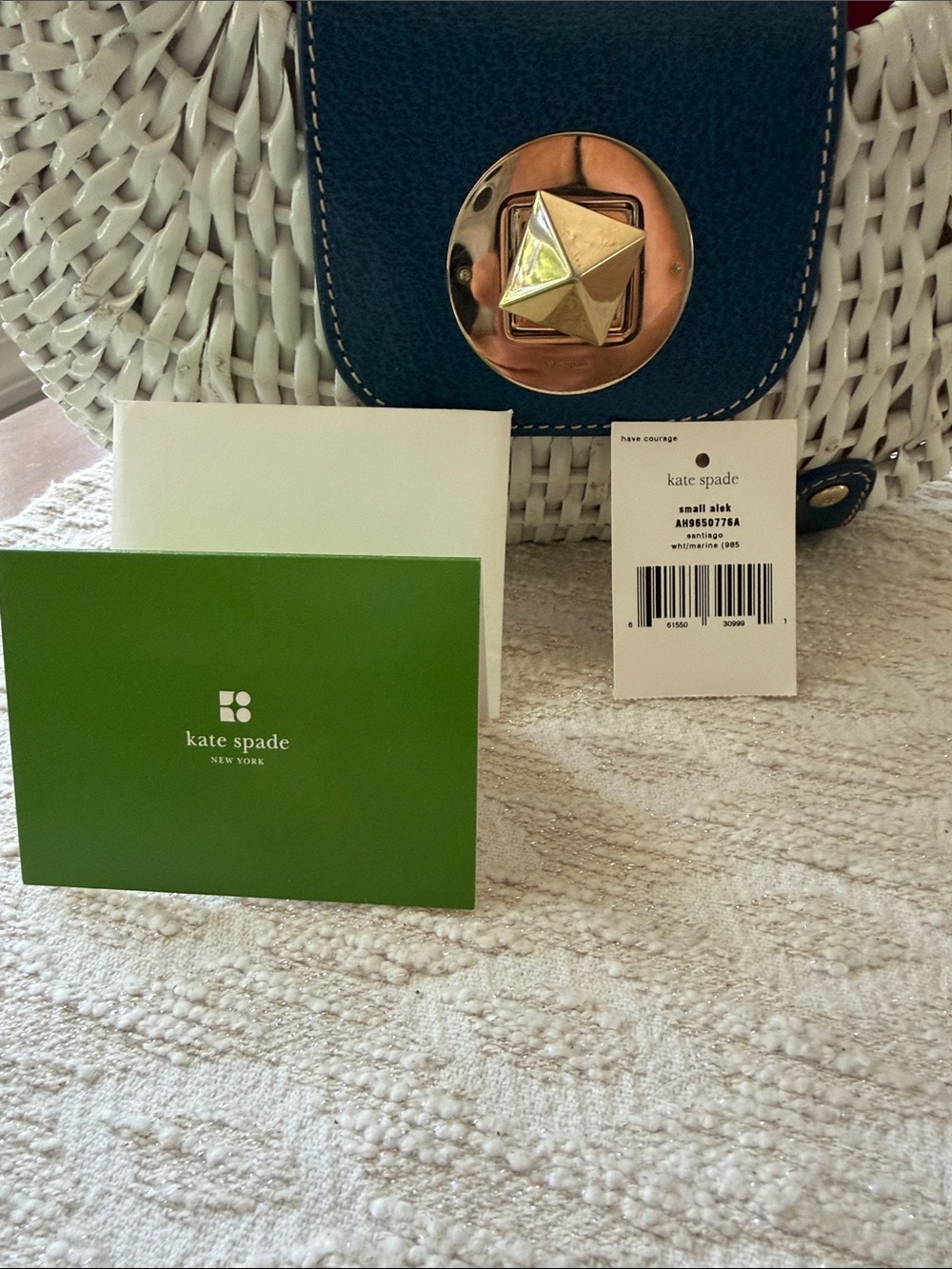 Kate Spade Rare Alek Santiago White Wicker & Blue Flap Over With Turn Lock Bag - Picture 2 of 16